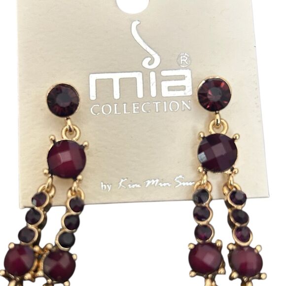 2 Mia Collection Earrings Burgandy White Gold Colors Stud Dangle Drop Long NEW - Picture 5 of 9